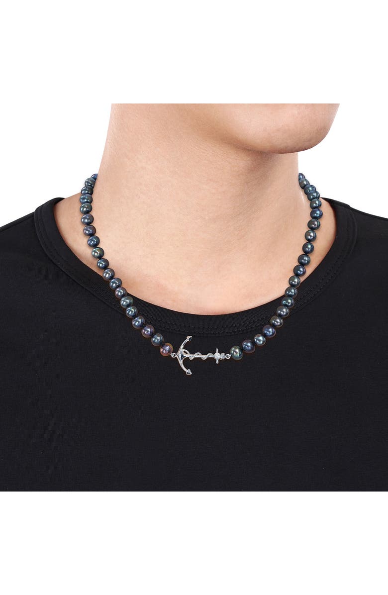 DELMAR Men's Cultured Freshwater Pearl Black Diamond Crown Pendant Necklace - 0.36ct., Alternate, color, Black