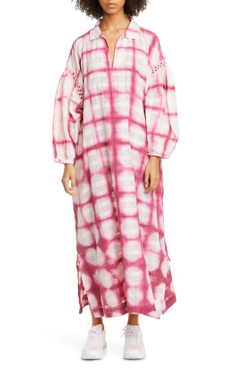 Story mfg. Alea Crochet Trim Tie Dye Long Sleeve Organic Cotton Midi Dress, Main, color,