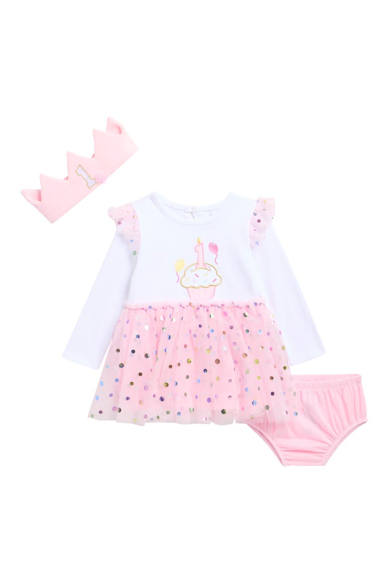 First Birthday Dress, Bloomers & Headband Set, Main, color, PINK