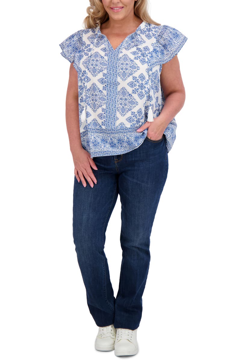 Lucky Brand Ruffle Print Top, Alternate, color, Blue Combo