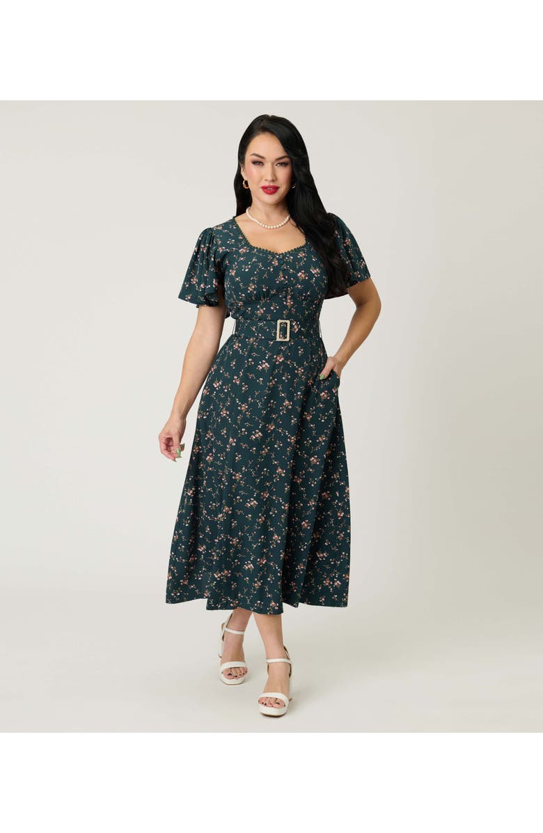 Unique Vintage Short Puff Sleeve Sweetheart Neck Godet Midi Dress, Main, color, Teal Floral Print