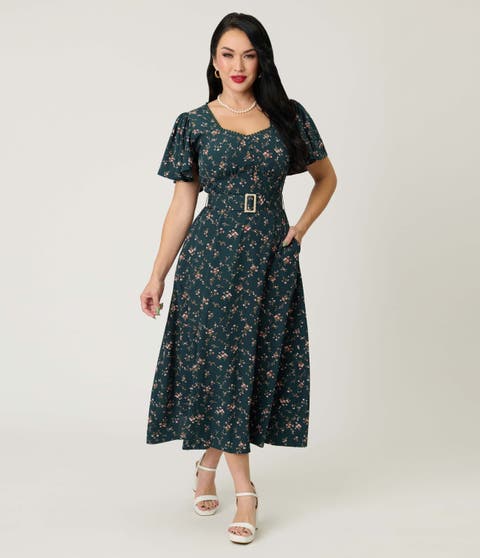 Short Puff Sleeve Sweetheart Neck Godet Midi Dress