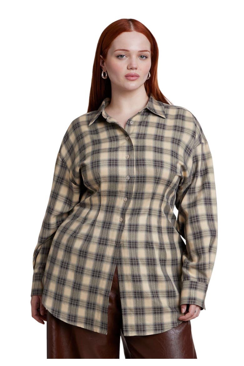 Cinched Waist Plaid Flannel (plus), Main, color, CREAM PLAID
