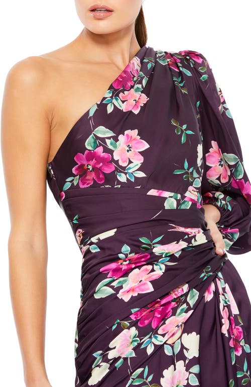 Mac Duggal Floral Print Single Sleeve Gown In Plum Floral