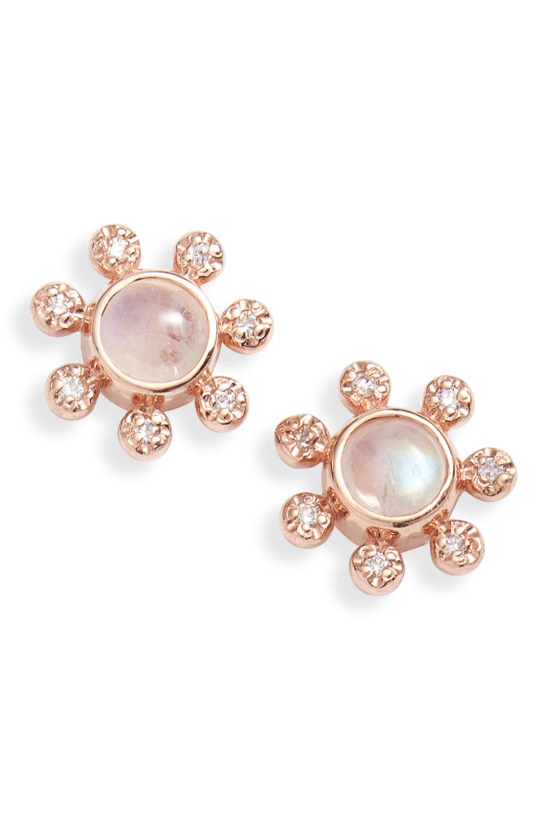 Dew Drop Moonstone Stud Earrings, Main, color, ROSE GOLD