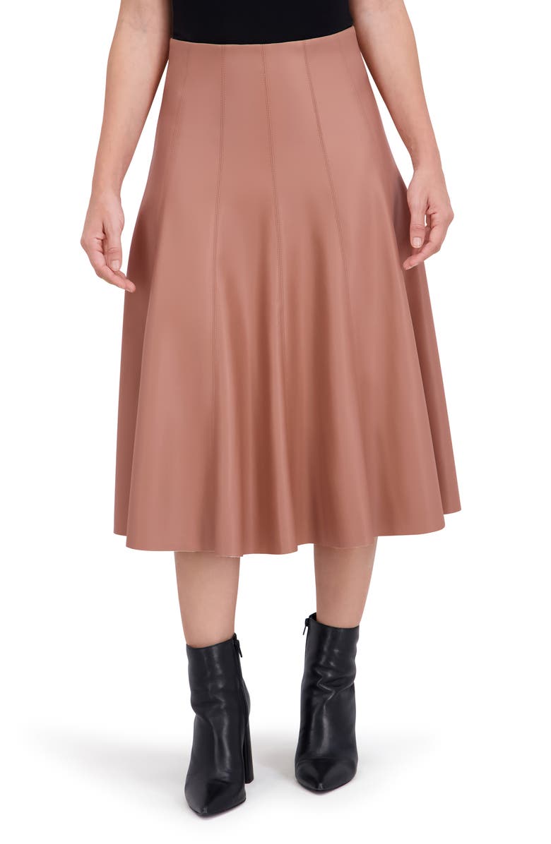 Ookie & Lala Supersoft Faux Leather Flounce Midi Skirt, Main, color, Mocha