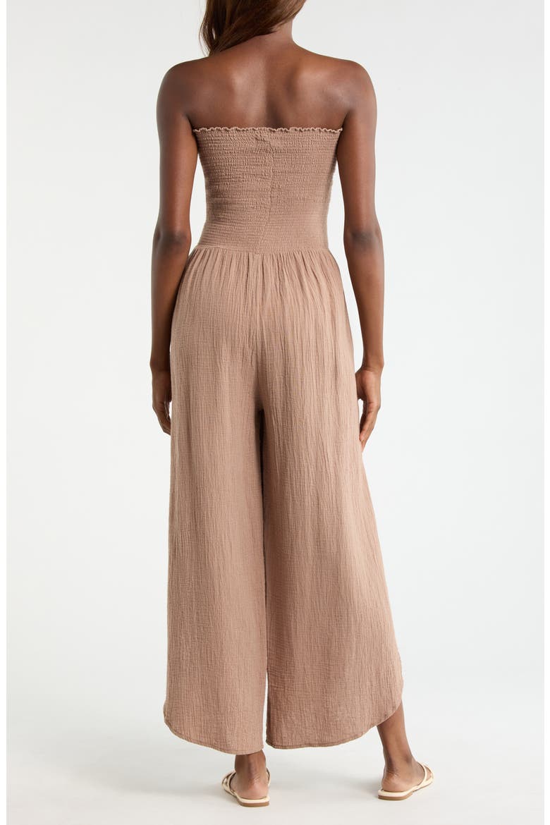 Strapless Smocked Bodice Cotton Gauze Cover-Up Jumpsuit, Alternate, color, TAUPE
