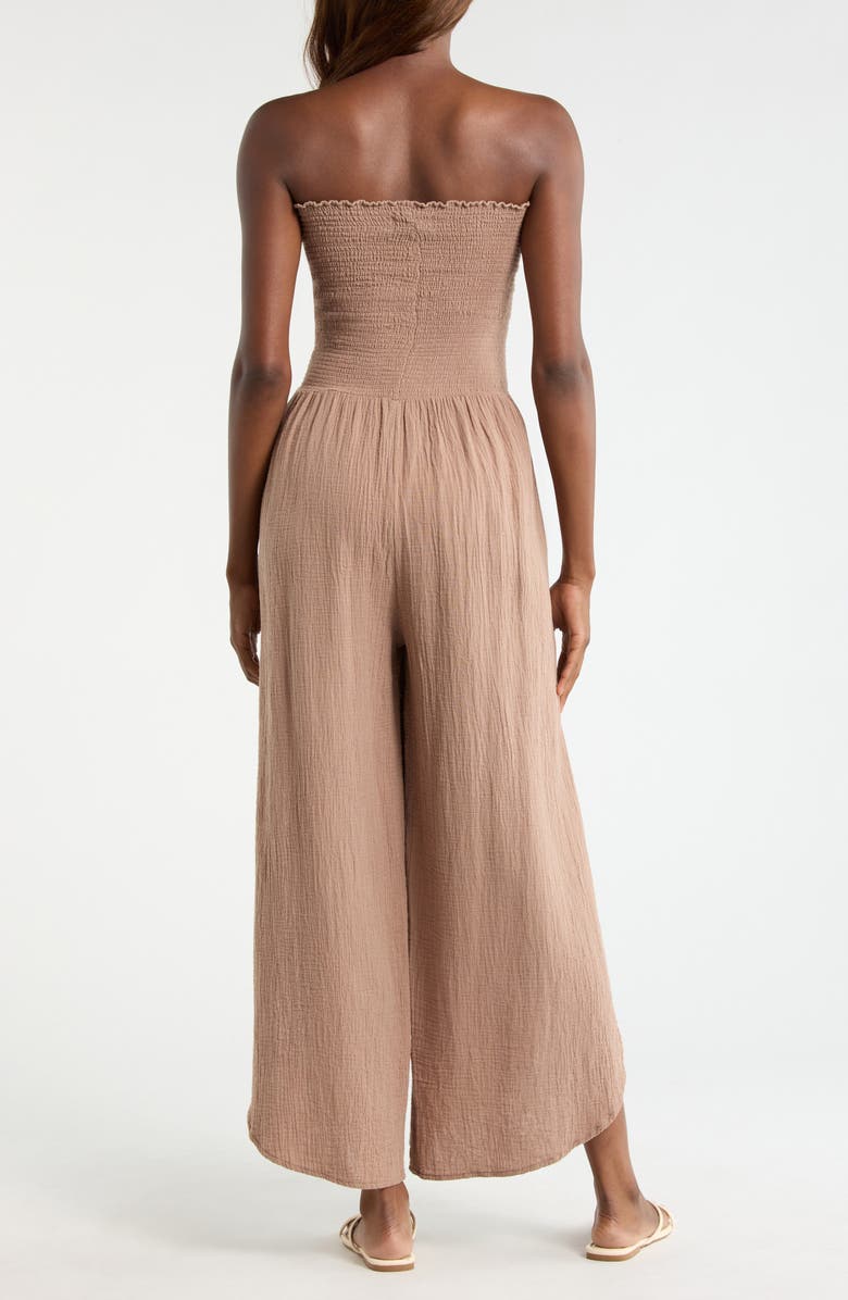Elan Strapless Smocked Bodice Cotton Gauze Cover-Up Jumpsuit, Alternate, color, Taupe