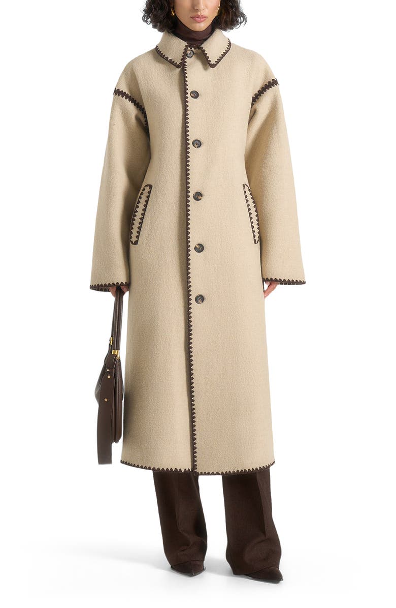 Manière De Voir Elora Wool Blanket Stitch Belted Longline Coat, Alternate, color, Taupe