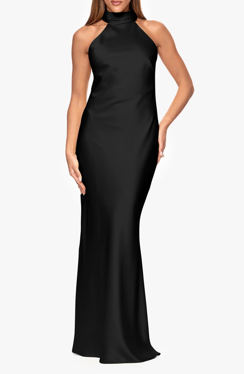 Xscape Evenings Halter Neck Satin Sheath Gown, Main, color, Black
