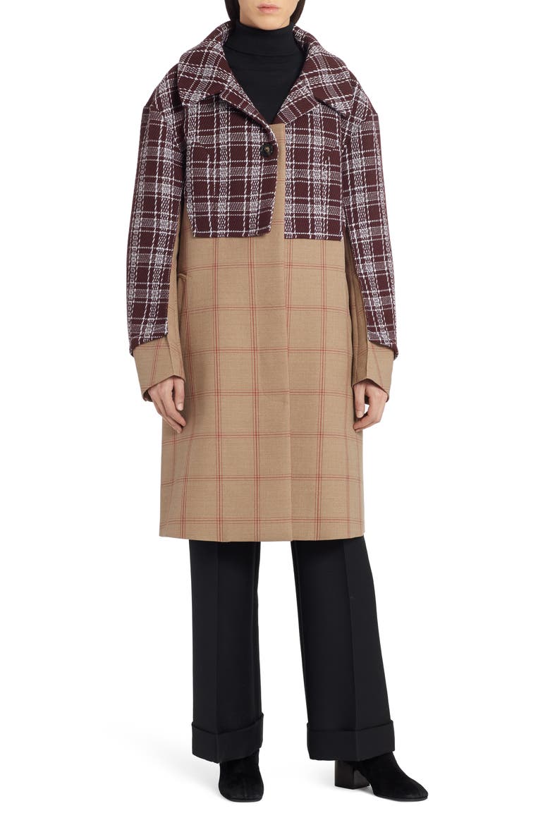Mixed Media Check Wool Coat, Alternate, color, TOBACCO