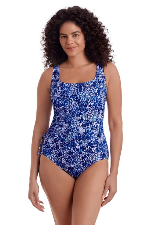 Faux Shirred Tie Tank Long Torso One-Piece Swimsuit