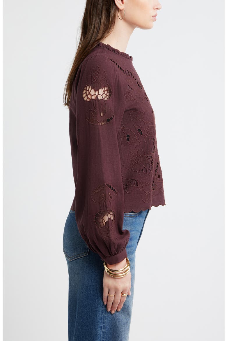 Open Floral Cutwork Linen Blend Top, Alternate, color, BURGUNDY FUDGE