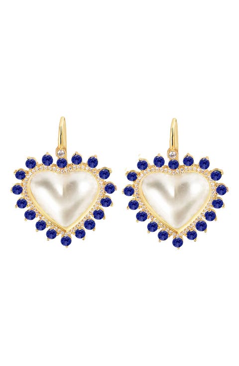 14K Gold Plated Sterling Silver CZ Halo Mother-of-Pearl Heart Drop Earrings