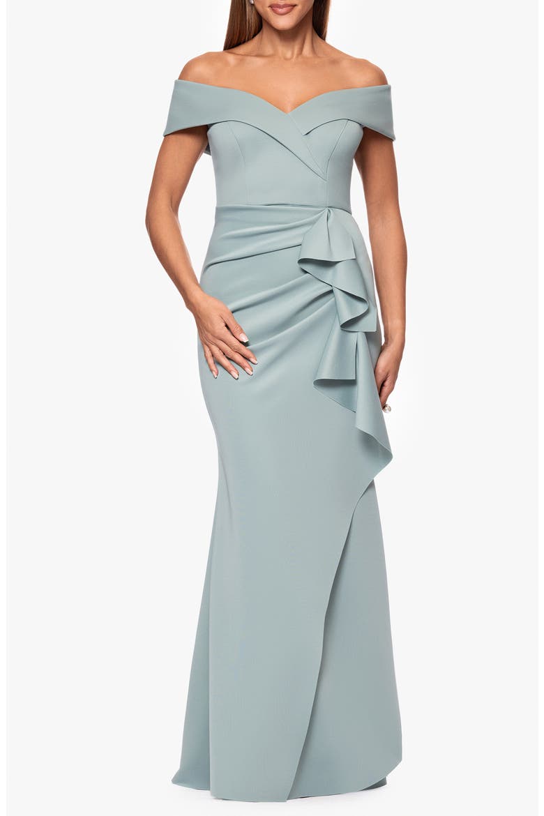 Off the Shoulder Ruffle Scuba Crepe Gown, Main, color, SAGE