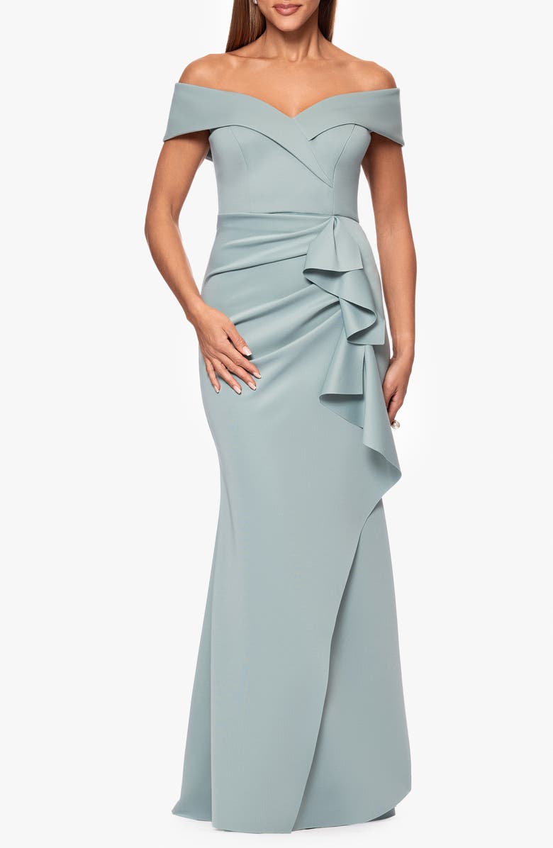 Xscape Evenings Off the Shoulder Ruffle Scuba Crepe Gown, Main, color, Sage