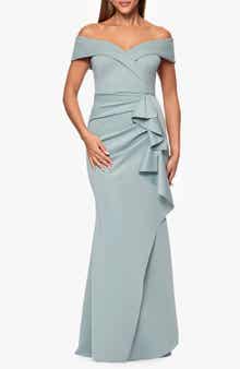 Xscape Evenings Off the Shoulder Ruffle Scuba Crepe Gown