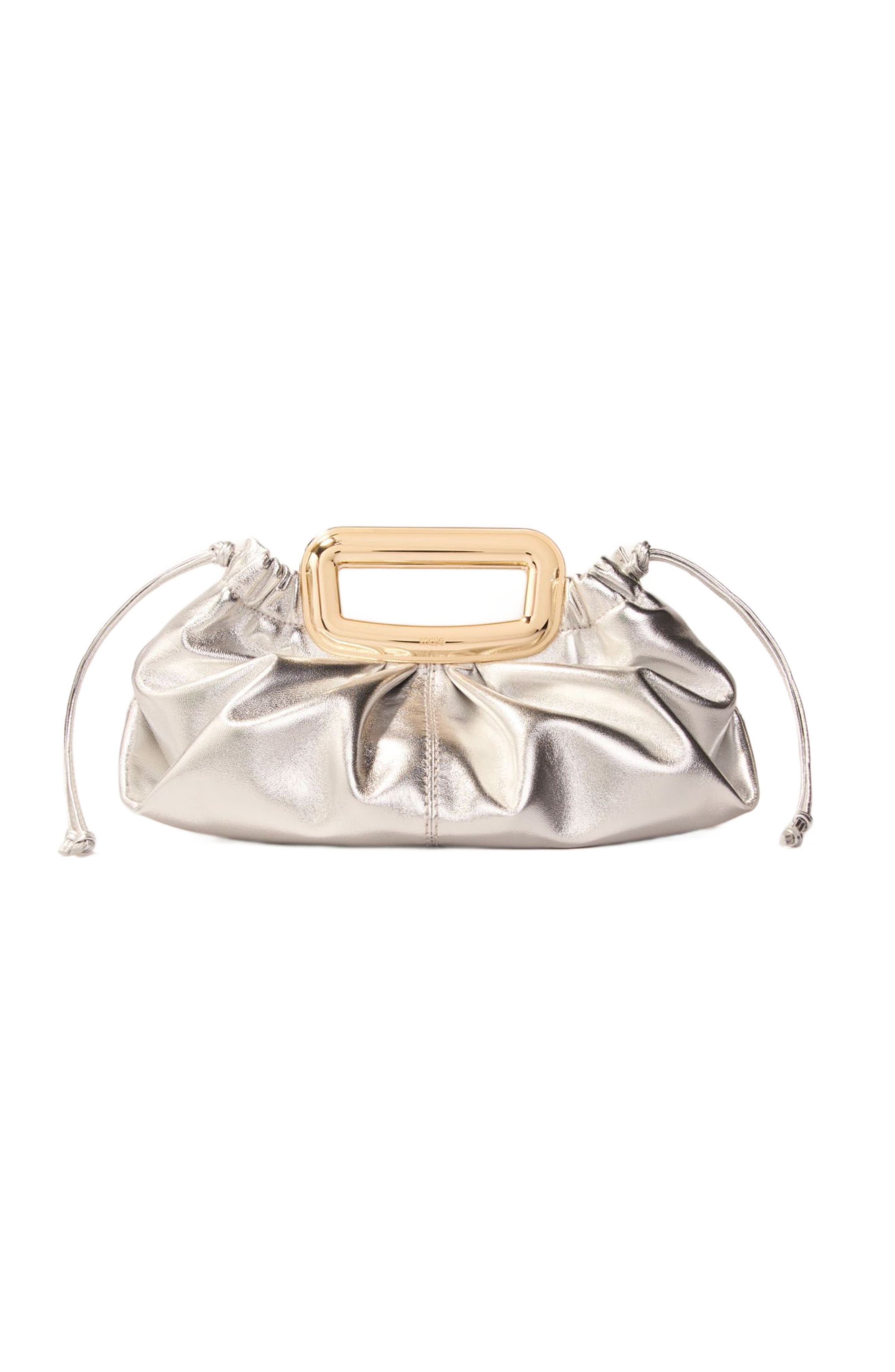 maje Leather metal handle clutch, Main, color, 