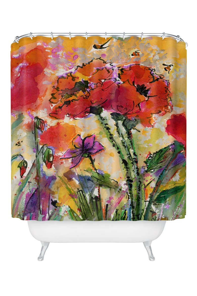 Red Poppies & Bees Shower Curtain, Main, color, RED