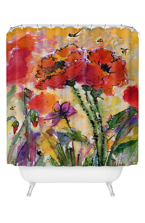 Red Poppies & Bees Shower Curtain