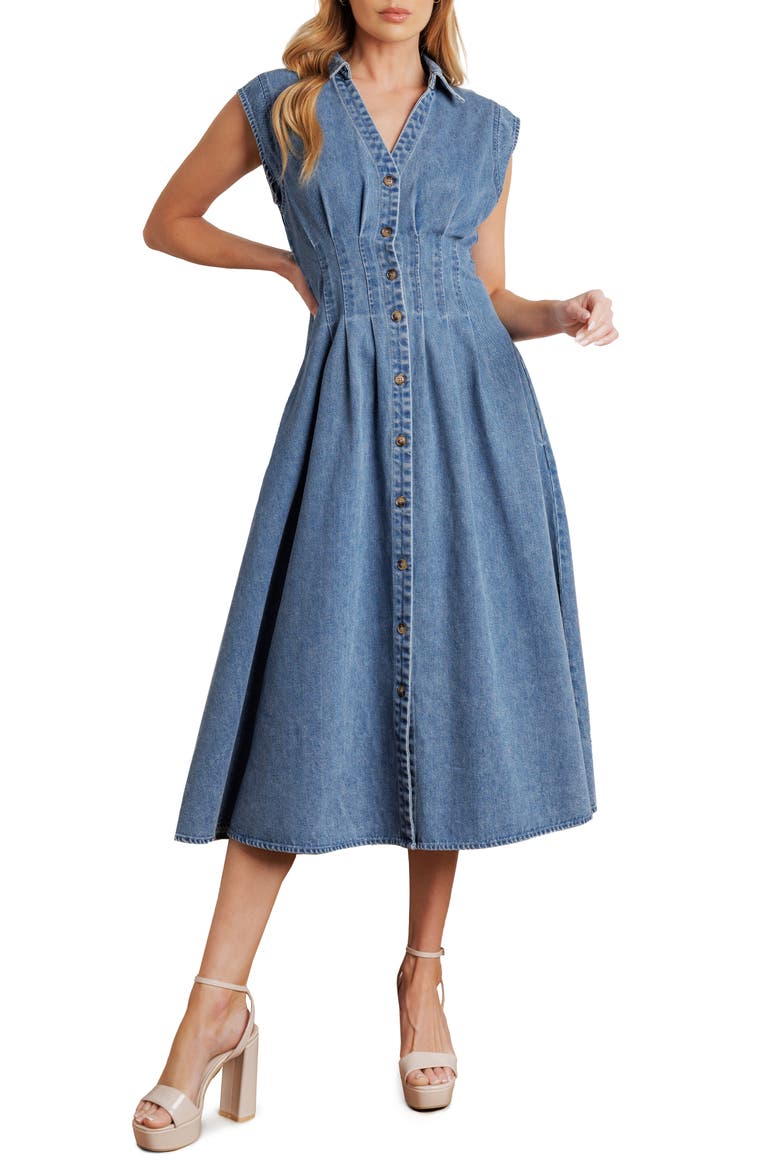 Denim Button Front Midi Dress, Main, color, MEDIUM INDIGO