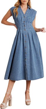 FLYING TOMATO Denim Button Front Midi Dress