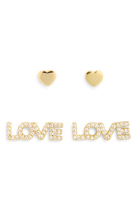 2-Pack Heart & 'Love' Stud Earrings