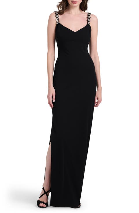 Crystal Flower Strap Stretch Crepe Gown