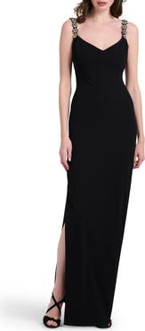 EMILY SHALANT Crystal Flower Strap Stretch Crepe Gown
