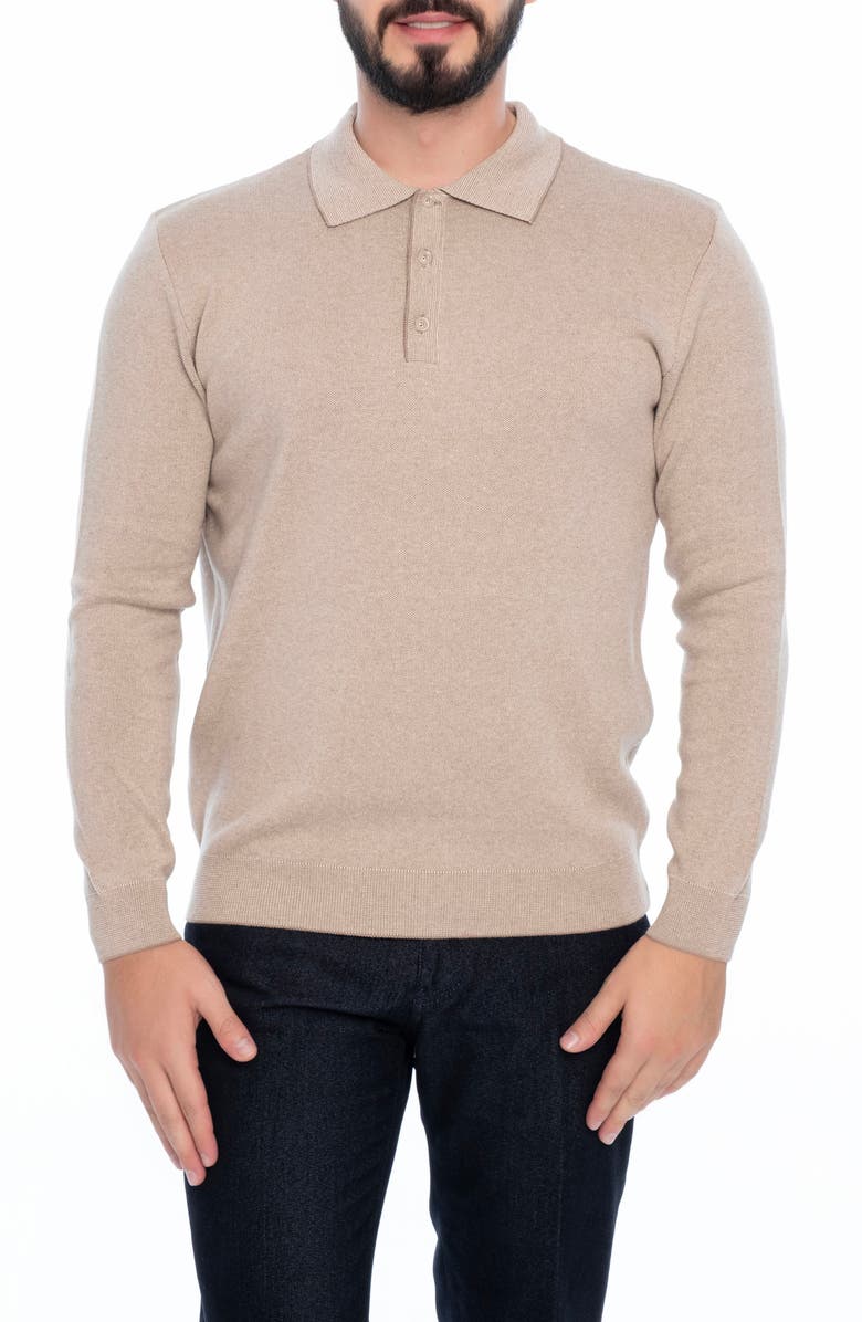 VELLAPAIS Long Sleeve Cotton Polo, Main, color, Beige