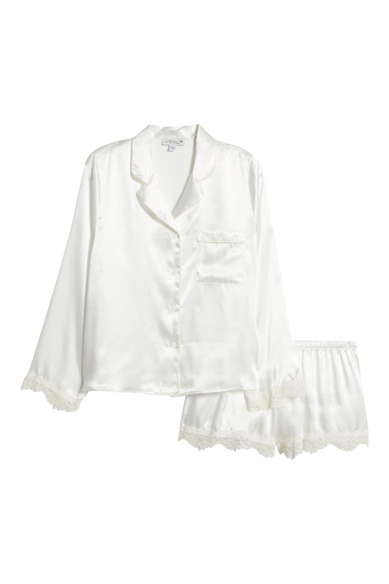 Felicity Lace Trim Long Sleeve Satin Shorts Pajamas, Alternate, color, OFF WHITE