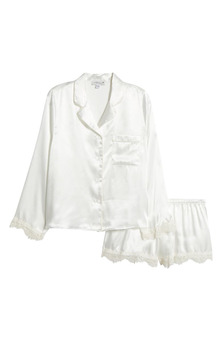 In Bloom by Jonquil Felicity Lace Trim Long Sleeve Satin Shorts Pajamas, Alternate, color, Off White