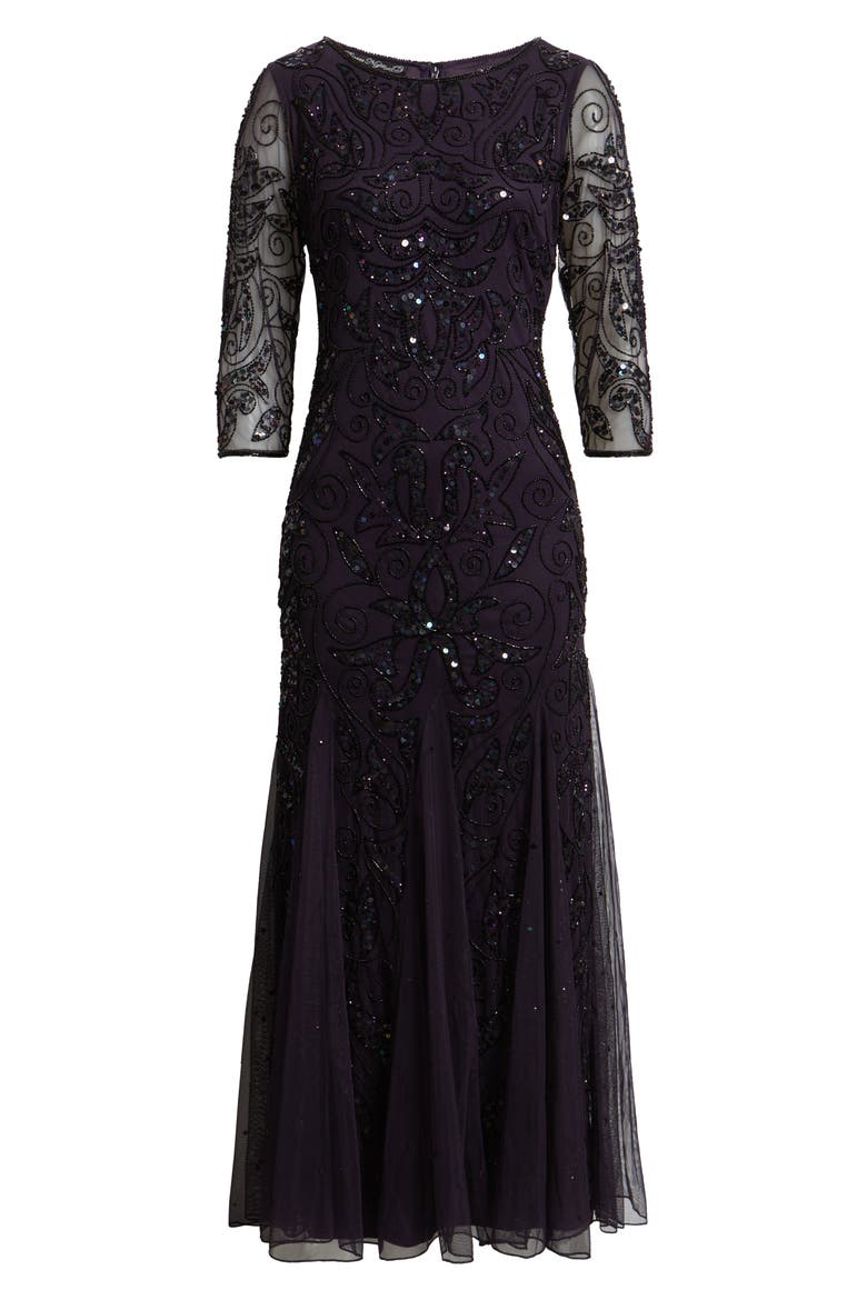 Illusion Sleeve Beaded A-Line Gown, Alternate, color, DEEP PURPL 505