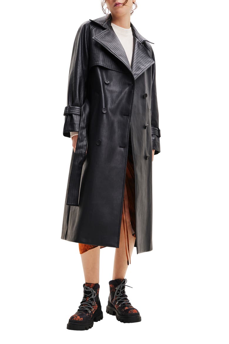 Belted Faux Leather Trench Coat, Main, color, BLACK