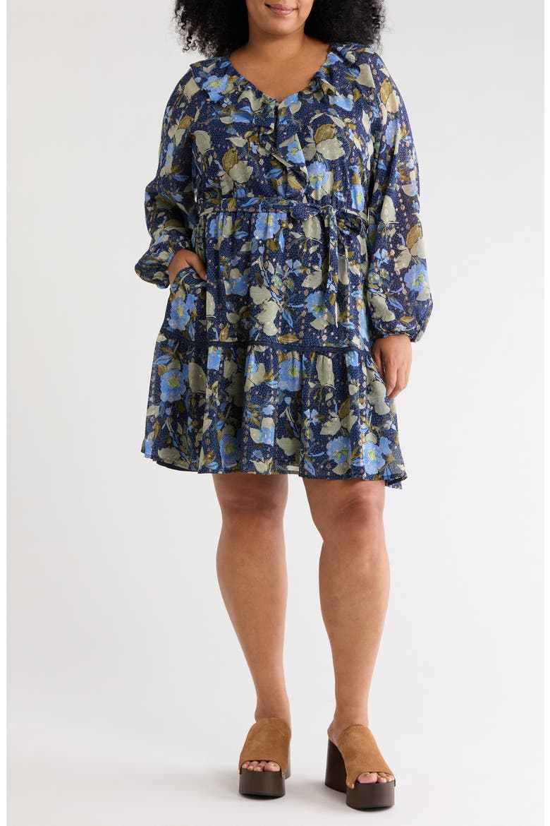 Long Sleeve Ruffle Minidress, Main, color, NAVY- OLIVE JACOBEAN BLOOM