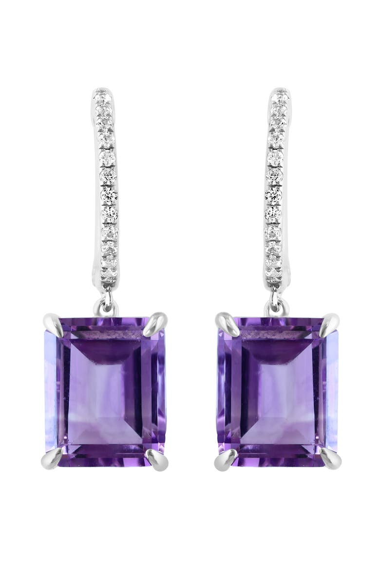 925 Sterling Silver Emerald Cut Amethyst & White Sapphire Drop Earrings, Main, color, Sterling Silver