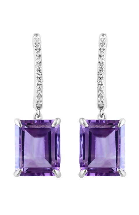 925 Sterling Silver Emerald Cut Amethyst & White Sapphire Drop Earrings