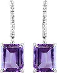 EFFY 925 Sterling Silver Emerald Cut Amethyst & White Sapphire Drop Earrings