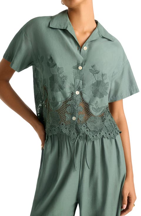 Floral Broderie Crop Cover-Up Shirt