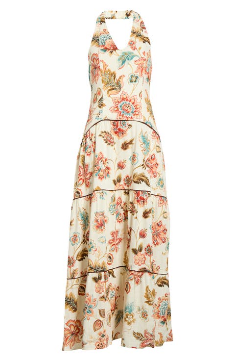Floral Halter Neck Tiered Drop Waist Maxi Dress