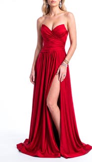 Jessica Angel Strapless Ruched Sweetheart Side Slit Evening Gown