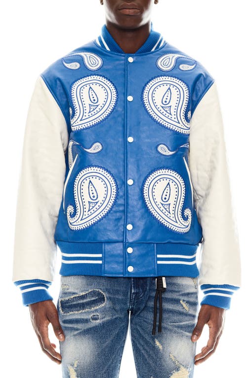 Cult of Individuality Paisley Appliqué Varsity Jacket in Royal Blue 