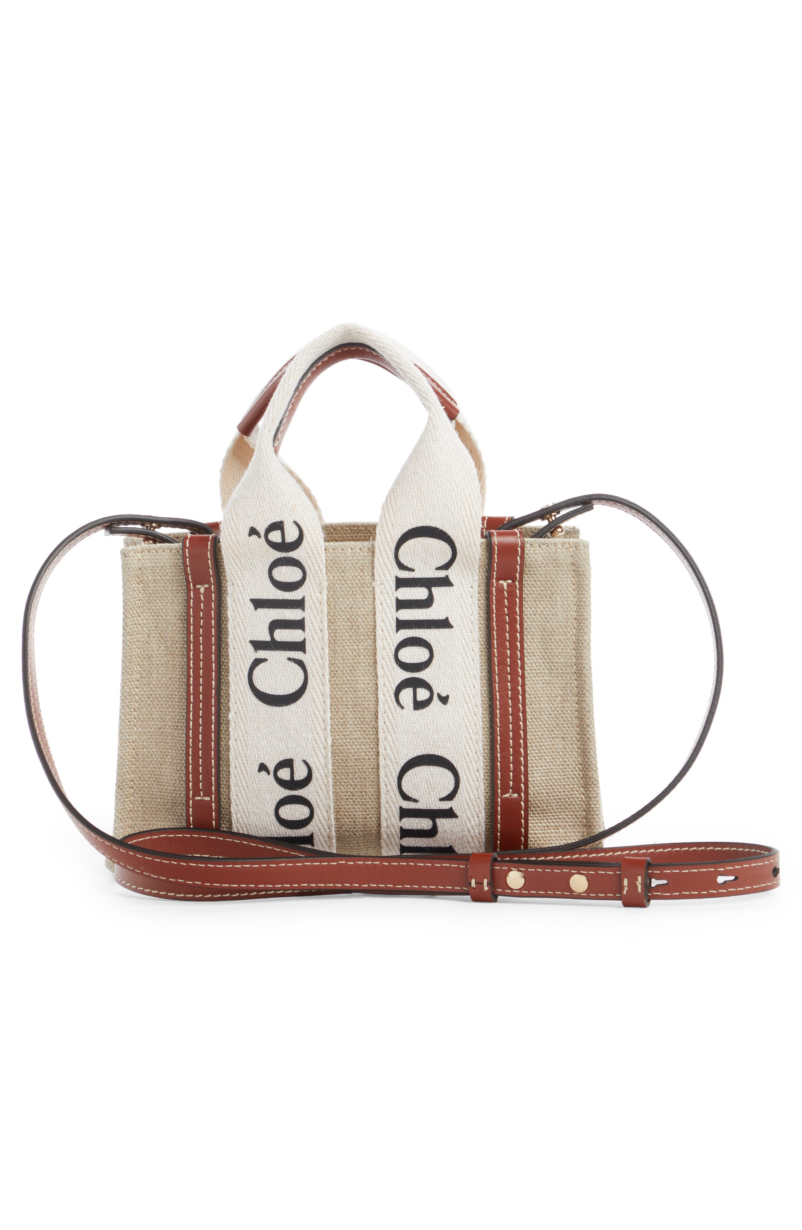 Chloé Small Woody Logo Strap Linen Tote, Alternate, color, White - Brown