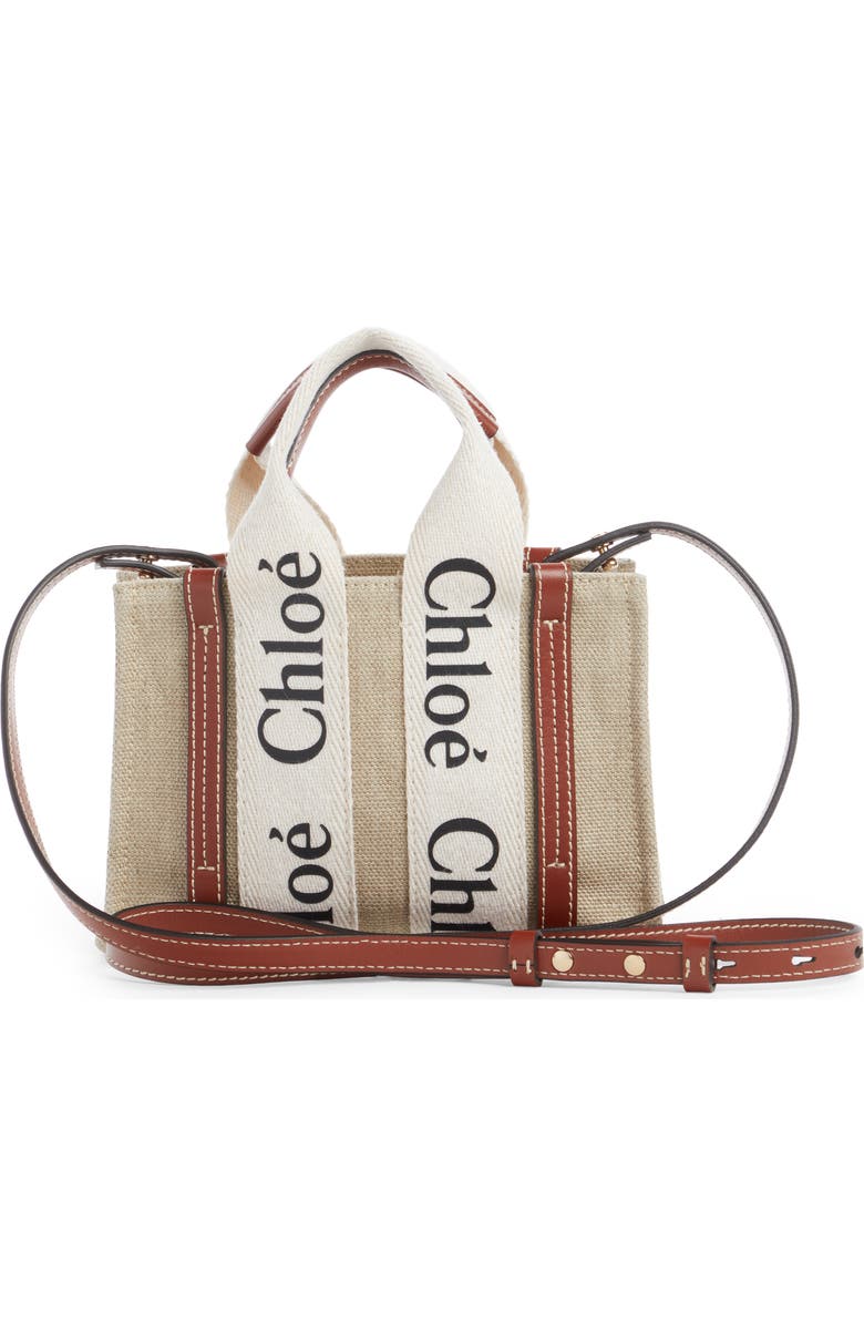 Chloé Small Woody Logo Strap Linen Tote, Alternate, color, White - Brown