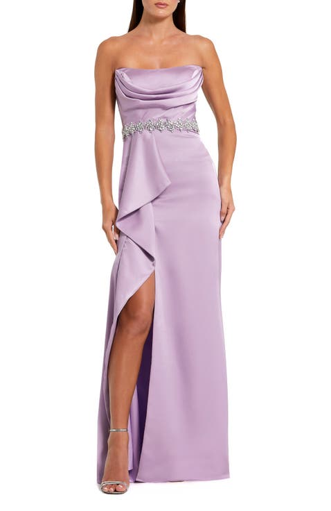 Strapless Embellished Belt Satin Gown