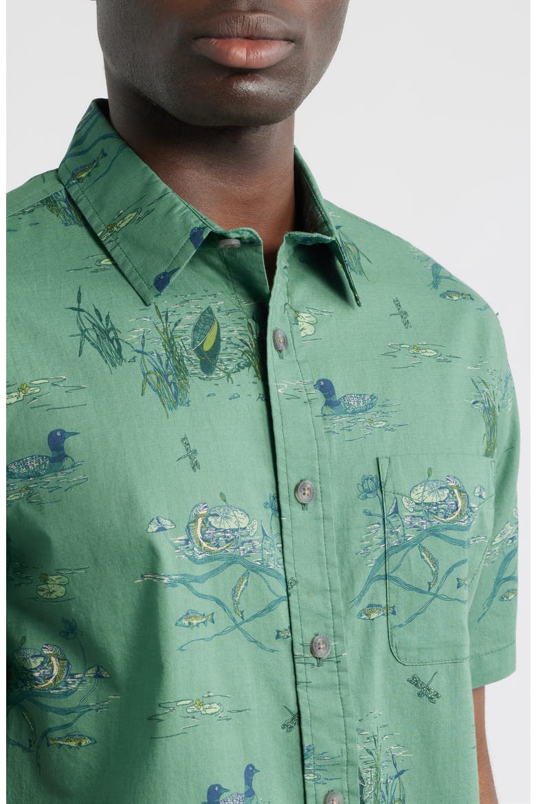 Shoreline Nature Print Short Sleeve Cotton Button-Up Shirt, Alternate, color, LAKESIDE GREEN