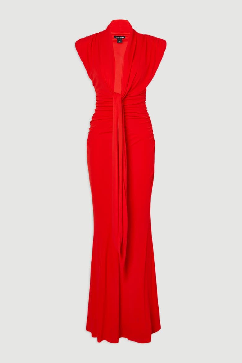 Plunge Ruched Twist Jersey Maxi Dress, Alternate, color, Red