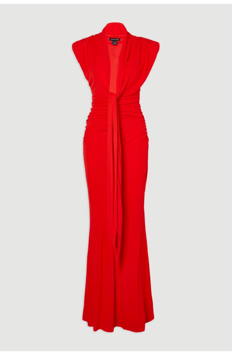 Karen Millen Plunge Ruched Twist Jersey Maxi Dress, Alternate, color, Red