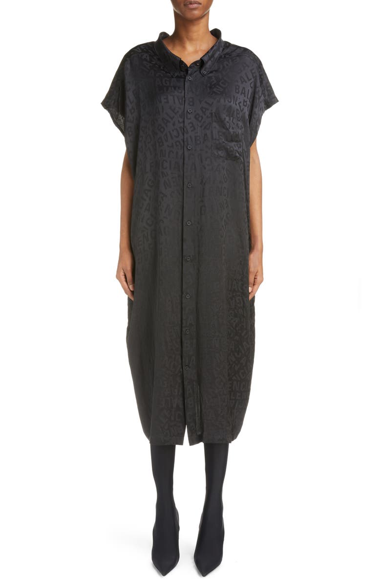 Balenciaga Cape Sleeve Jacquard Logo Silk Dress, Main, color, 