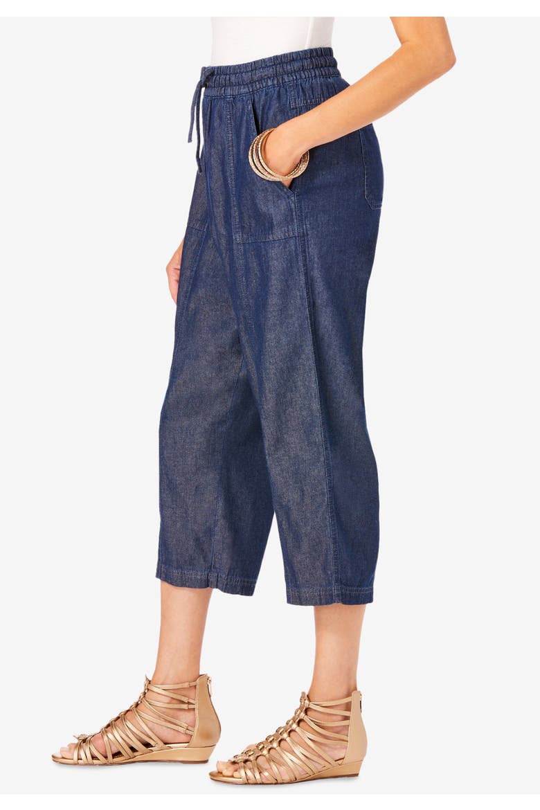 Plus Size Chambray Wide Leg Capri Pant, Alternate, color, LIGHT STONEWASH